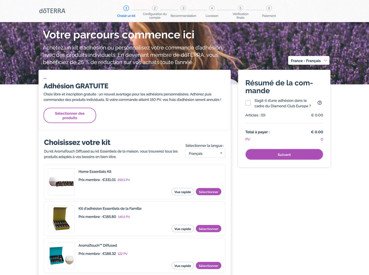 Étape « Choisir un kit » du formulaire d'adhésion dōTERRA : adhésion gratuite et choix du kit