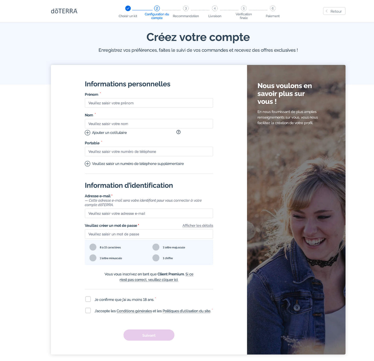 Étape « Configuration du compte » du formulaire d'adhésion dōTERRA