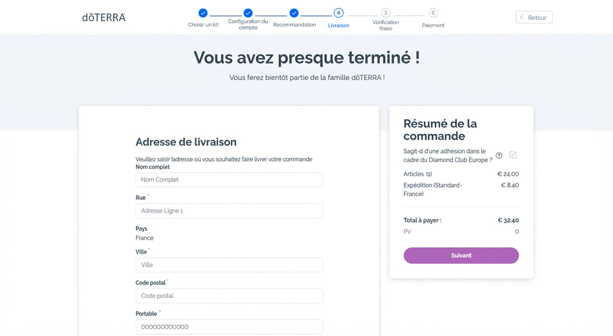 Étape « Livraison » du formulaire d'adhésion dōTERRA : adresse de livraison et résumé de la commande