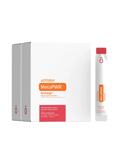 MetaPWR Recharge saveur fraise des bois complément alimentaire dōTERRA, boîte de 30 sachets