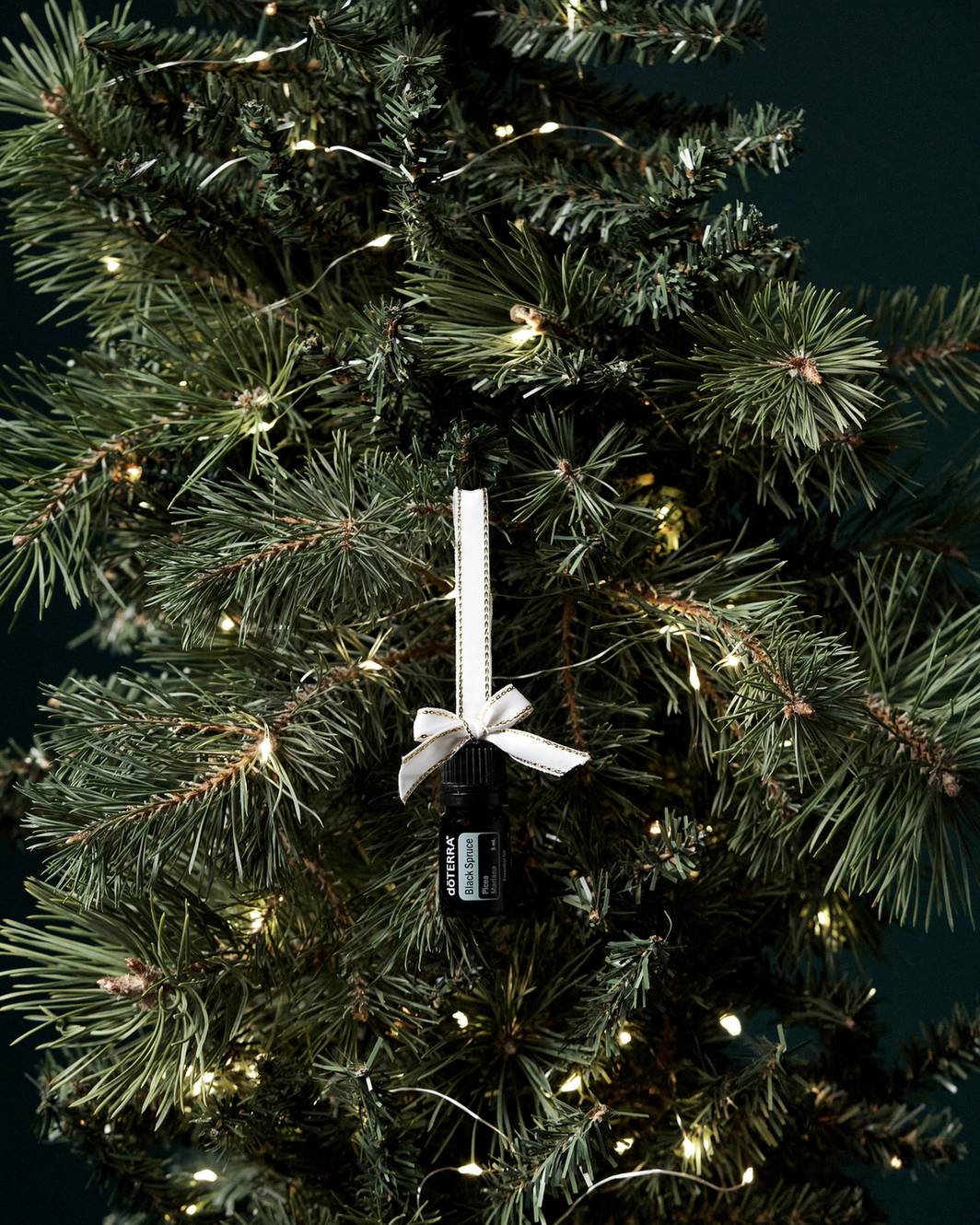 Épinette noire huile essentielle dōTERRA, diffuseur suspendu dans un sapin de Noël