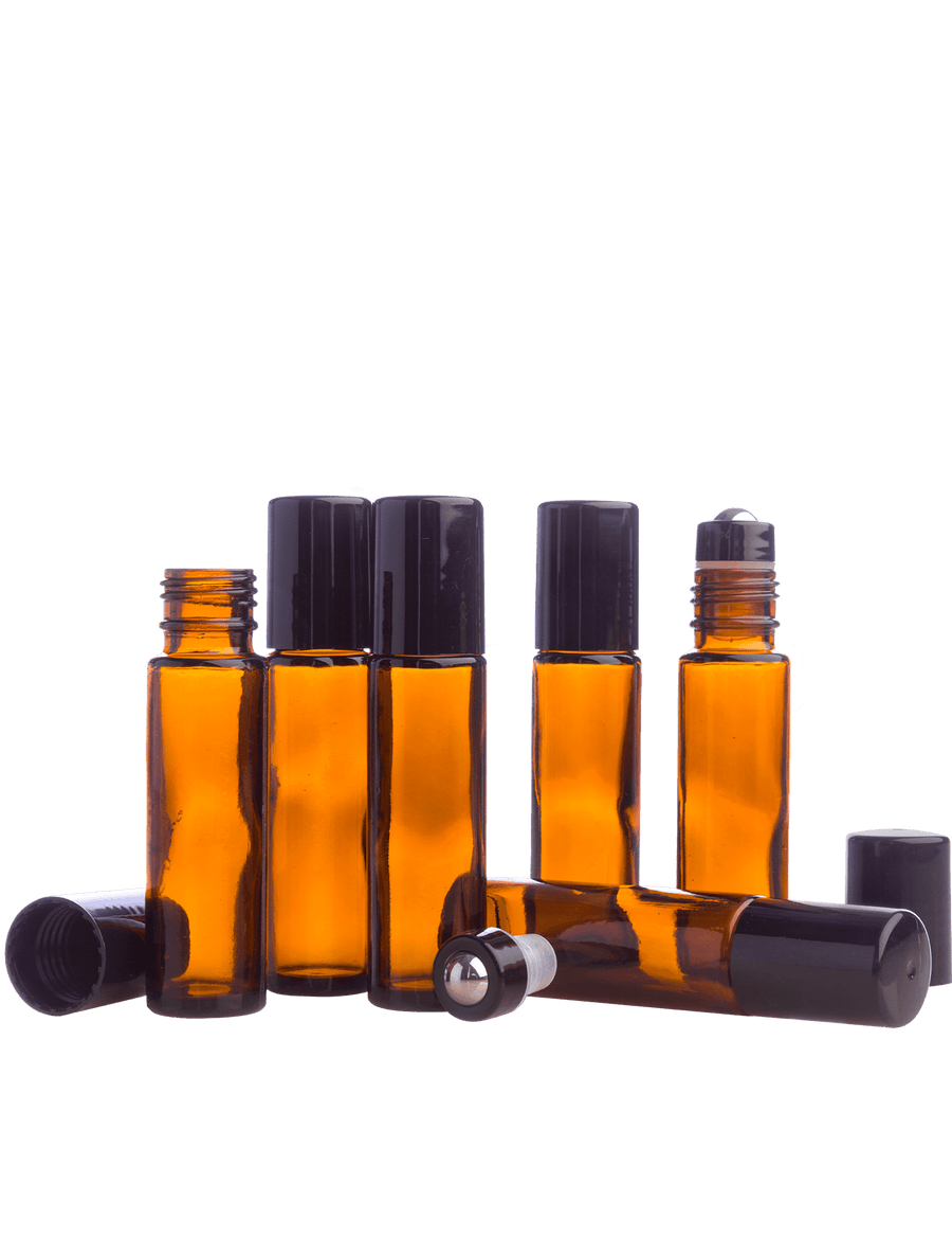 6 dōTERRA 10 ml amber roller bottles with steel ball and black cap