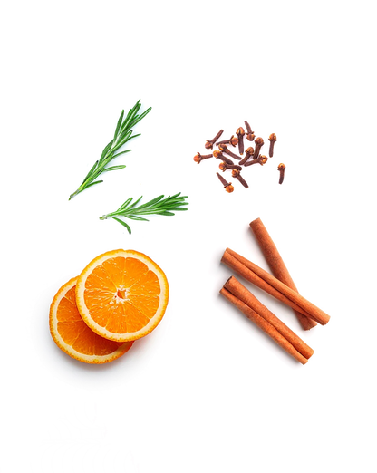 Orange, clou de girofle, cannelle et romarin, les plantes du mélange On Guard