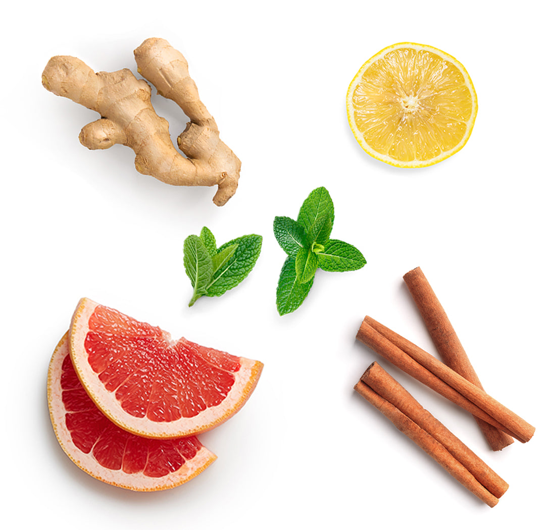 Les ingrédients du mélange Smart & Sassy dōTERRA : pamplemousse, citron, menthe poivrée, gingembre et cannelle de Ceylan