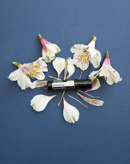 Jasmin Touch dōTERRA, flacon parmi des fleurs blanches sur fond bleu
