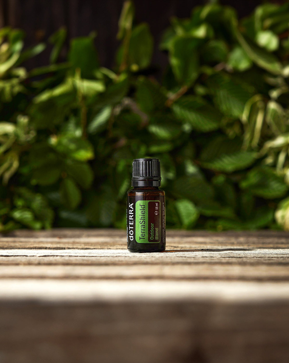 TerraShield dōTERRA, flacon sur une table en bois devant un feuillage
